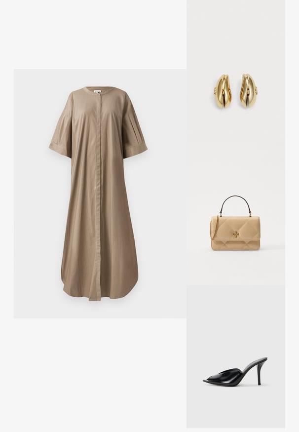 Smėlio spalvos midi suknele, pagaminta iš medvilnės, su apvaliu dekoltė, trumpomis plačiomis rankovėmis ir priekiniais mygtukais. Lygus paviršius ir laisvas siluetas.; Juodos odinės aukštakulnės mules su atvira pirštine, smailiu dizainu, lygiu paviršiumi ir plonu stiletto kulnu.; Kailiniuotas šviesiai rudas odinis rankinukas su auksinės spalvos detalėmis, grandinėlės petnešomis ir viršutine rankena. Yra priekinė uždanga ir išskirtinis logotipo akcentas.; Aukso spalvos auskarai su srauniu, kreiviu dizainu. Kiekvienas auskoras turi lygų paviršių ir mažą užsegimą su dekoratyviu akcentu.