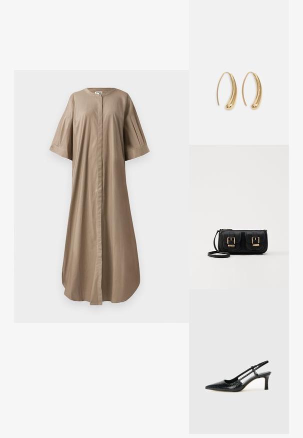 Robe midi beige en coton avec un col rond, des manches courtes et larges, et une fermeture à boutons sur le devant. Texture lisse et coupe décontractée.; Escarpin slingback en vernis noir avec un bout pointu, présentant un imprimé serpent texturé, une sangle réglable et un petit talon bloc texturé.; Sac en cuir noir porté en travers avec deux poches avant, boucles dorées, fermeture zippée et une sangle fine. Surface texturée et forme rectangulaire compacte.; Boucles d'oreilles en métal doré en forme d'anneau, avec une forme courbée et allongée. Elles présentent une surface lisse et brillante avec une pointe arrondie pour un détail supplémentaire.