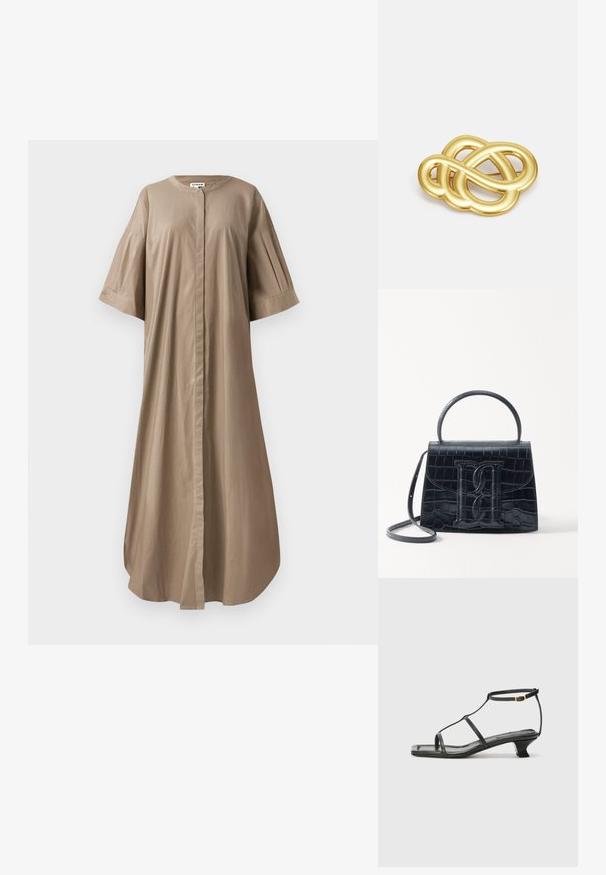 Tani midi šaty vyrobené z bavlny s okrúhlym výstrihom, krátkymi širokými rukávmi a predným zapínaním na gombíky. Hladká textúra a uvoľnený strih.; Čierna kožená sandála so štvorcovou špičkou, tenkými popruhmi, nastaviteľným pásikom okolo členka a nízkym podpätkom. Obsahuje malý zlatý akcent na popruhu.; Čierna kabelka z krokodílovej embosovanej kože so štruktúrovaným dizajnom, horným uchom, nastaviteľným popruhom a výrazným predným logom.; Brošňa v zlatej farbe s uzlovým dizajnom, hladkými, zakrivenými líniami a zložitým tvarom, ktorá odráža leštený povrch.