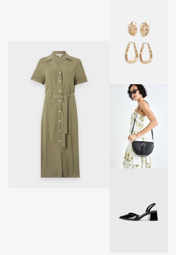 Vestido camiseiro verde oliva com mangas curtas, fecho de botões à frente, dois bolsos no peito e um cinto a condizer, feito de um tecido texturizado.; Sandy em verniz preto com salto slingback, ponta afilada e salto geométrico. Apresenta um design elegante e minimalista com textura suave.; Bolsa de couro preta com forma curva, alça destacável e detalhes em dourado. A bolsa possui uma aba com detalhe de fivela.; Brincos em tom de ouro com formas onduladas e texturizadas. Inclui studs escultóricos com presilha e um design de argola aberta com um acabamento martelado.