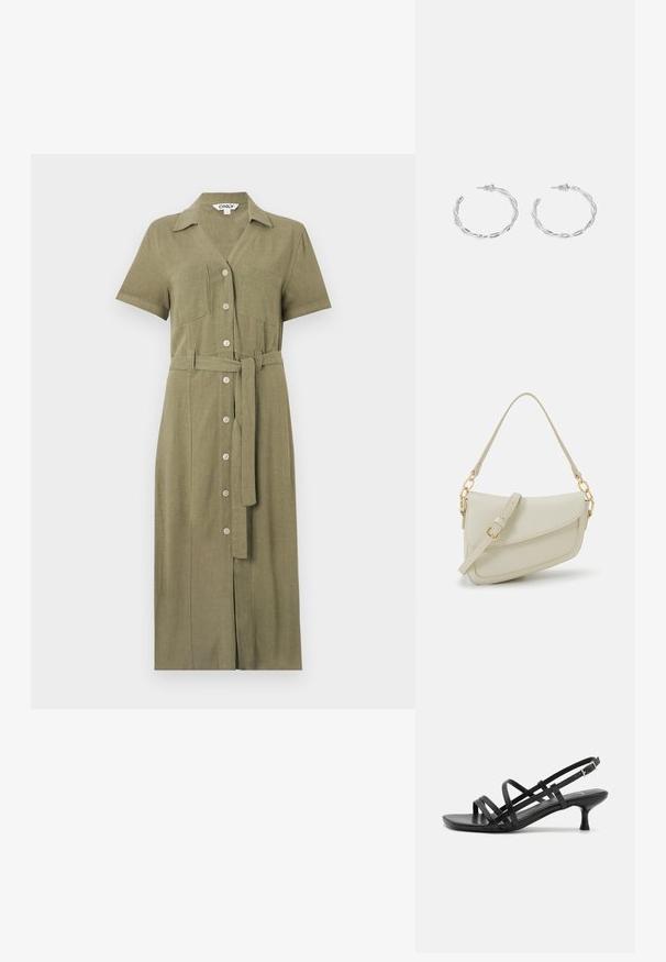Robe chemise vert olive à manches courtes, avec des boutons sur le devant, deux poches poitrine et une ceinture assortie, fabriquée en tissu texturé.; Sandales à talons noirs avec plusieurs brides entrecroisées. Matériau lisse, bout pointu et talon étroit. Bride de cheville ajustable avec boucle.; Petit sac à main crème avec une finition texturée, une longue sangle réglable, un accent en chaîne et une fermeture à rabat. Détails en matériel doré.; Boucles d'oreilles en argent en forme de créoles avec un design torsadé, dotées d'une finition polie et d'une fermeture à poussoir. Mesurent environ 3 cm de diamètre.