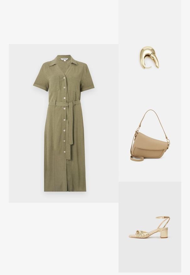 Olivenfarget skjortekjole med kortermet, knapping foran, to brystlommer og et matchende belte, laget av teksturert stoff.; Gullfargede sandaler med høy hel, vridd stroppedesign, åpen tå og ankelstropp. Har blokkhelt og glatt metallisk finish.; Even&Odd Håndveske - beige; Gullfarget metalløredobber med et elegant, buet design. Har en karakteristisk spiss form, polert overflate og hengsel-lukking.