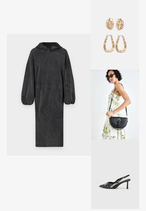 Hoodad, lång svart klänning i texturerad tyg med åtdragen midja och puffärmar. Har texten "SUCCESSFULL LIVING" på ärmen.; Svart lackläder slingbacksko med spetsig tå, ankelremmar med silverfärgade spännen och detaljer samt en smal klack.; Svart läderhandväska med en böjd form, avtagbar rem och guldiga detaljer. Väskan har ett lock med en spänndetalj.; Örhängen i guldton med texturerade, vågiga former. Inkluderar skulpturala clip-on-stift och öppen hoop-design med hamrad finish.