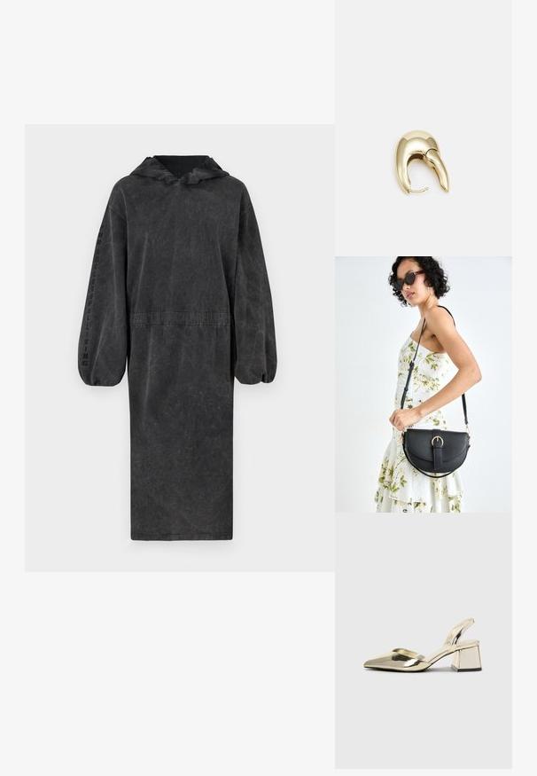 Hoodad, lång svart klänning i texturerad tyg med åtdragen midja och puffärmar. Har texten "SUCCESSFULL LIVING" på ärmen.; Guld, metalliska slingback-klackar med spetsig tå och chunky klack. Slät textur, minimalistisk design och en smal rem.; Svart läderhandväska med en böjd form, avtagbar rem och guldiga detaljer. Väskan har ett lock med en spänndetalj.; Örhänge i guldtonad metall med en elegant, böjd design. Har en distinkt spetsig form, polerad yta och gångjärnslås.