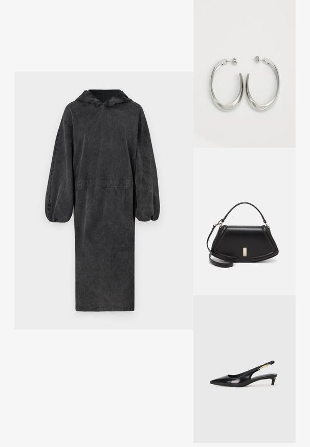 Vestido preto longo com capuz, feito de tecido texturizado, com a cintura ajustada e mangas bufantes. Apresenta o texto "SUCESSO NA VIDA" na manga.; Saltos slingback em couro preto com bico fino, apresentando um salto esguio e um detalhe em tom dourado na alça ajustável. Textura suave.; Bolsa de couro preta com um design estruturado, apresentando uma forma cropped, alça superior e detalhes em metal dourado. Inclui uma alça de ombro ajustável.; Pendentes de argola prateados com um design liso e curvado. Apresentam um acabamento metálico brilhante e fecho de pressão. Sem padrões ou detalhes visíveis.