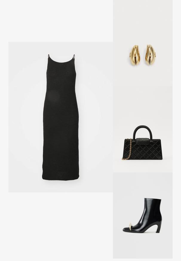 Melnas adītas kleitas ar šaurām plecu siksnām, pieguloša forma, līdz ceļiem garums un teksturēts ribu raksts visā kleitā.; Melnas potītes zābaki, izgatavoti no spīdīgas ādas, ar smailu purngalu un dekoratīvu zelta un sudraba akcentu priekšpusē. Bloka papēža dizains.; Melnā rokassomiņa, kas izgatavota no teksturētas ādas, ar dimanta rakstu, zelta toņa ķēdes siksnu un augšējo rokturi ar logo reljefā slēgšanu.; Zelta tonis auskari ar plūstošu, izliekta dizaina formu. Katrs auskar ir ar gludu virsmu un nelielu aizdari ar dekoratīvu detaļu.