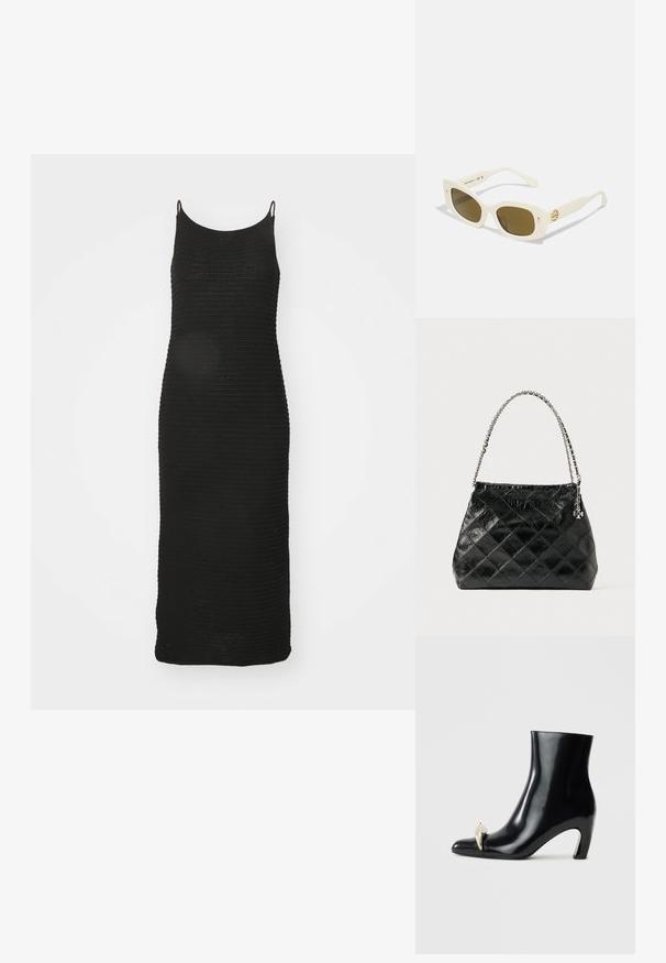 Rochie neagră tricotată cu bretele subțiri, croială ajustată, lungime până la genunchi și un model texturat cu nervuri pe întreaga suprafață.; Cizme negre peste glezna, realizate din piele lucioasă, cu vârf ascuțit și un accent decorativ aurii și argintii în față. Design cu toc pătrat.; Ochelari de soare din plastic alb, cu ramă rectangulară, lentile maro și un accent auriu pe tâmplă. Textură netedă și design modern.; Geantă de mână din piele neagră matlasată, cu mâner din lănțișor argintiu, cu un design structurat și textură netedă.