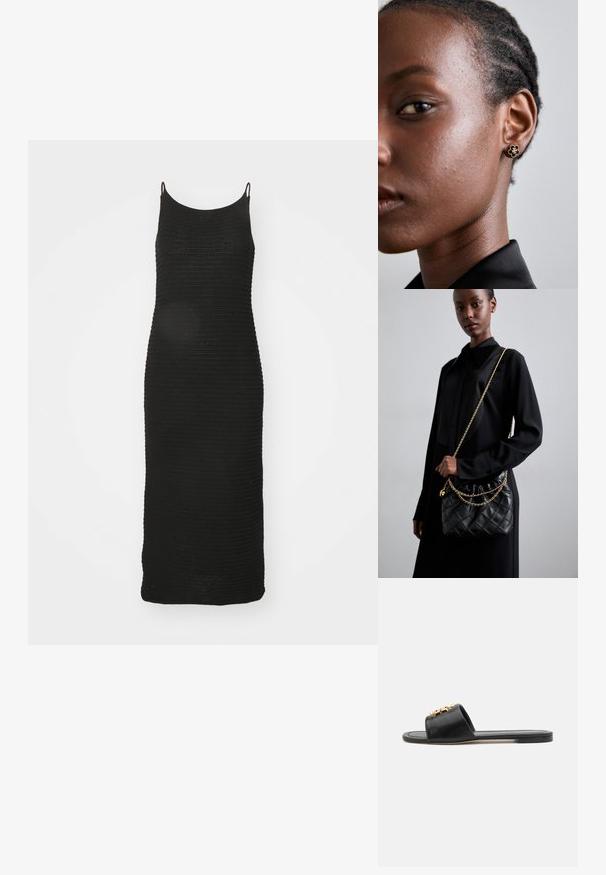 Mustas kootud kleit, millel on kitsad õlavarretrapid, kehakujuline siluett, põlvekõrgune lõige ja tekstuuriga ribakujundus üle kogu kleidi.; Mustad musta nahast sussid, millel on avatud varvas, lame tald ja dekoratiivne kuldne aksessuaar ülaservas. Sile tekstuur ja minimalistlik disain.; Must mustriga mustriga nahk käekott koos kogutud tipuga, kuldne ahel ja ristkülikuline kuju, hoitakse lihtsa tausta vastu.; Kuldne lillemotiiviga stud-kõrvarõngas, millel on tekstureeritud must keskus ja delikaatne detailide töö. Mudeli puhas nahk ja sasis juuksed on näha külgmises vaates.