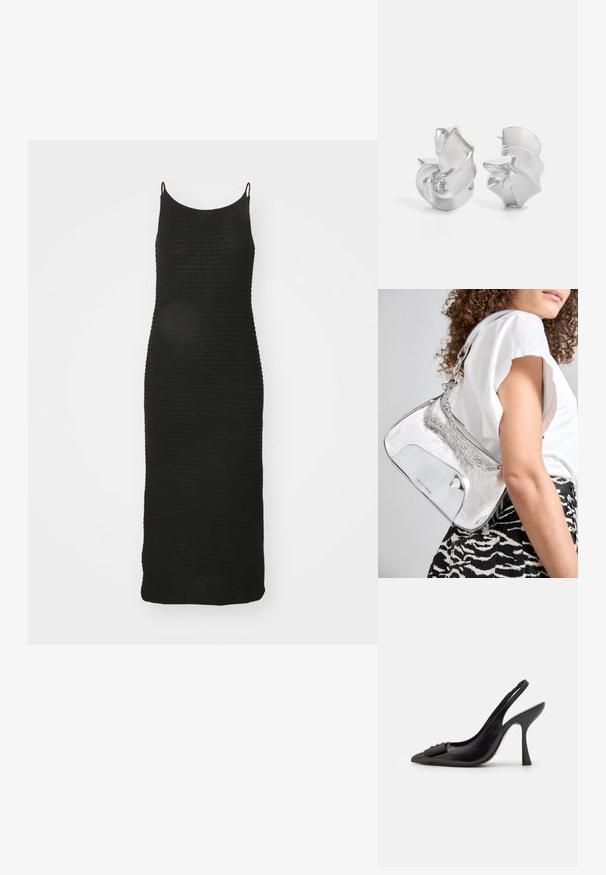 Vestito nero lavorato a maglia con spalline sottili, forma aderente, lunghezza al ginocchio e motivo a righe testurizzate su tutta la superficie.; Scarpa a slingback nera in pelle con punta affilata, tacco alto e sottile, e un accentuato adorabile fiocco decorativo. Texture liscia e design elegante.; Borsa a spalla metallica argento con una texture liscia, design curvo, tracolla a catena e un pannello frontale lucido con una sottile incisione del logo.; Orecchini d'argento con un design a spirale fluente. Texture liscia con una finitura lucida. Presentano una leggera lucentezza e nessun abbellimento visibile.