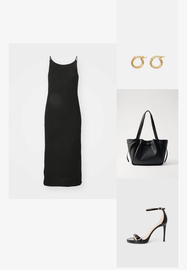 Crna pletena haljina s uskim naramenicama, prilagođenog kroja, dužine do koljena i teksturiranim rebrastim uzorkom kroz cijelu haljinu.; Crne lakirane kožne sandale s potpeticom, remenom oko gležnja i zlatnom kopčom, otvoreni prsti i tanka štikla na jednobojnoj pozadini.; Crna kožna torba za nošenje s dva dugačka remena, skupljenim vrhom i zlatnim okruglim detaljem. Glatka tekstura s minimalističkim dizajnom.; Zlatne naušnice s okruglom oblikom i poliranom završnom obradom, koje imaju sigurno kopčanje. Jednostavan dizajn bez dodatnih ukrasa.