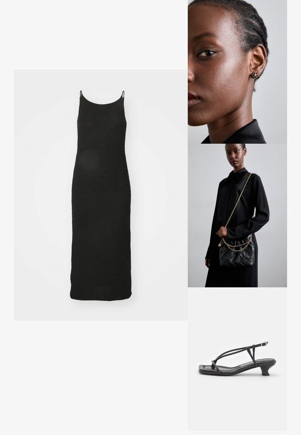 Svart stickad klänning med smala axelremmar, åtsittande form, knälång skärning och strukturerat ribbat mönster genomgående.; Svarta lädersandaler med tunna remmar, låg klack och fyrkantig tå. Har spänne och slät yta.; Svart vadderad läderhandväska med en samlad topp, guldkedjeslinga och rektangulär form, hålls mot en enkel bakgrund.; Guldblommig studsmycke har en texturerad svart mitt och delikat utsmyckning. Modellen har klart skinn och flätat hår, synligt i profil.