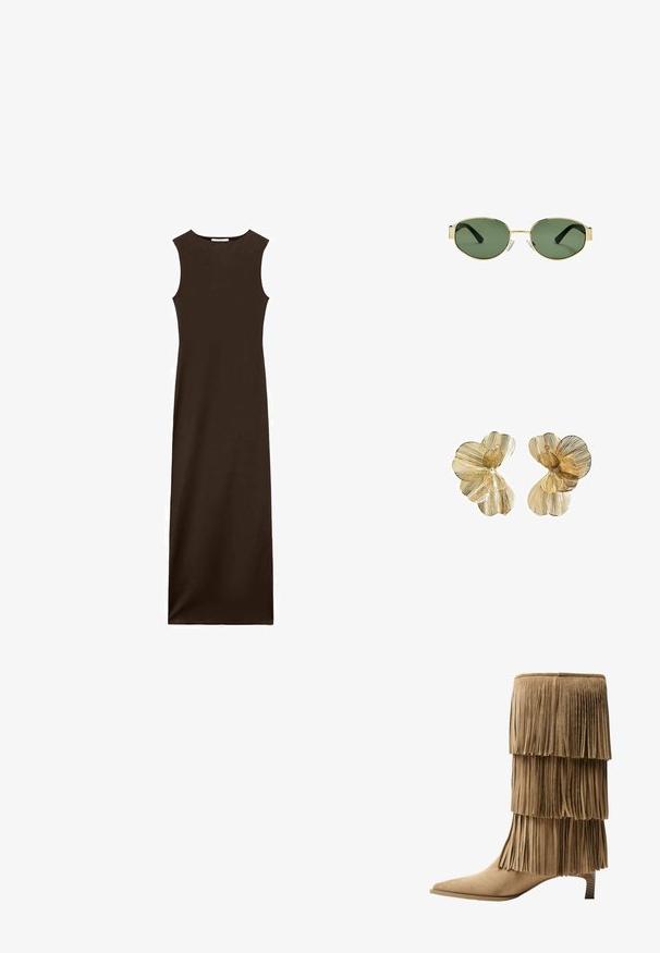 Ärmelloses braunes Maxikleid mit taillierter Oberseite und geradem Schnitt. Hergestellt aus glattem Stoff, mit Rundhalsausschnitt und ohne sichtbare Verschlüsse.; Fransen-Stiefelette aus taupefarbenem Wildleder mit drei Lagen Fransen. Spitz zulaufende Zehenpartie und ein niedriger Blockabsatz. Durchgehend glatte Oberfläche.; Sonnenbrille mit goldfarbenem Metallrahmen, grünen getönten Gläsern, ovaler Form, schwarzen Bügeln und klaren Nasenpads. Sauberes, minimalistisches Design.; Goldfarbene blumenförmige Ohrringe mit geschichteten Blütenblättern, die eine strukturierte Oberfläche und ein zentrales Perlendetail aufweisen.
