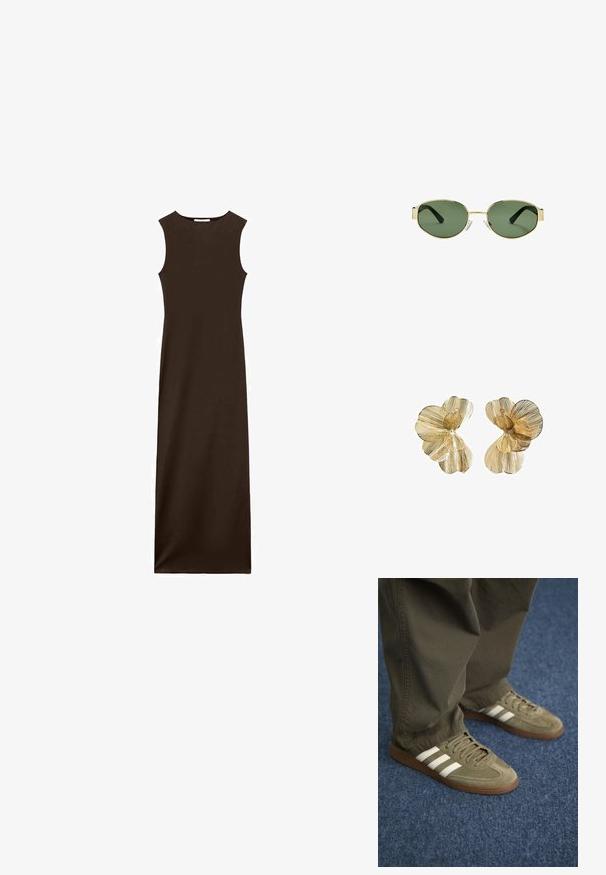 Brezrokavna rjava maksi obleka s prilegajočim zgornjim delom in ravno silhueto. Narejena iz gladkega blaga, z okroglo izrezom in brez vidnih zaponk.; Zelene velur tene z belimi črtami, rjavo gumijasto podplatom in teksturiranimi vezalkami, kombinirane z olivno zelenimi hlačami na modrem preprogo.; Očala z zlatim kovinskim okvirjem, zelenimi lečami, ovalne oblike, črnimi uhani in prozornimi nosnimi blazinicami. Čist, minimalističen dizajn.; Zlato obarvani uhani v obliki cveta z večplastnimi cvetnimi listi, ki imajo teksturirano površino in osrednjo kroglico.