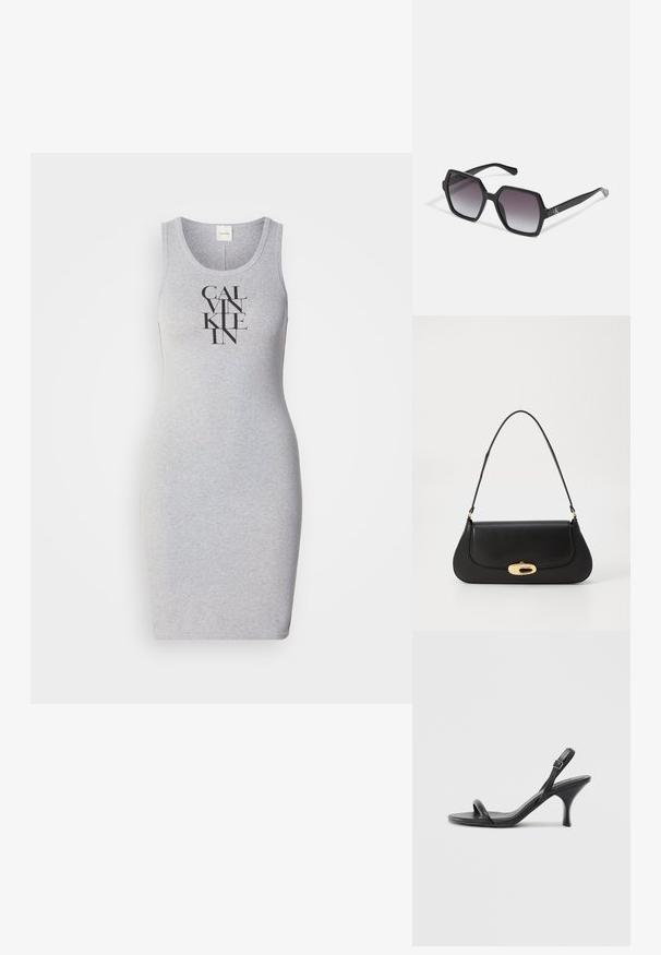 Pilka be rankovių suknelė su prigludusia forma, ant kurios priekyje vertikaliai spausdinamos drąsiai juodos raidės "CALVIN KLEIN".; Juodos odinės aukštakulnės šlepetės su plonu, kreiviu kulnu ir kryžminiu dirželio dizainu. Reguliuojamas kulkšnies dirželis. Lygus paviršius.; Juodos šešiakampės saulės akinių su gradientiniais lęšiais, turinčių blizgų paviršių ir subtilų prekės ženklą ant šventyklos. Patvari plastikinė konstrukcija.; Juodas odinis rankinės su išlenktu dizainu, auksinių atspalvių furnitūra ir viršutine rankena. Savybės - stilingas uždarymas ir glotni tekstūra.