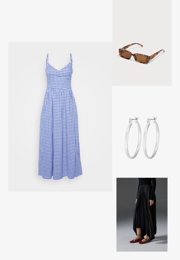 Mėlyna ir balta gipiūrinė suknelė su prigludusia juosmens dalimi, plonomis petnešėlėmis ir laisvai krentančia, kelių ilgio sijonu. Pagaminta iš medvilnės.; Juoda plisuota sijonas su aukštesniu priekiniu kraštu, derinamas su blizgiomis raudonomis plokščiomis bateliais, turinčiais dirželio dizainą. Medžiaga yra glotni.; Vėžlio kiauto saulės akiniai su stačiakampiais rudi objektyvais, storu rėmu ir siaurais rankenėlėmis, dekoruotomis skirtingų atspalvių ruda spalva.; Sidabriniai auskarai su sklandžiu, poliruotu paviršiumi. Apvalios formos ir saugus uždarymo mechanizmas. Lengvas dizainas, tinkantis kasdieniam dėvėjimui.