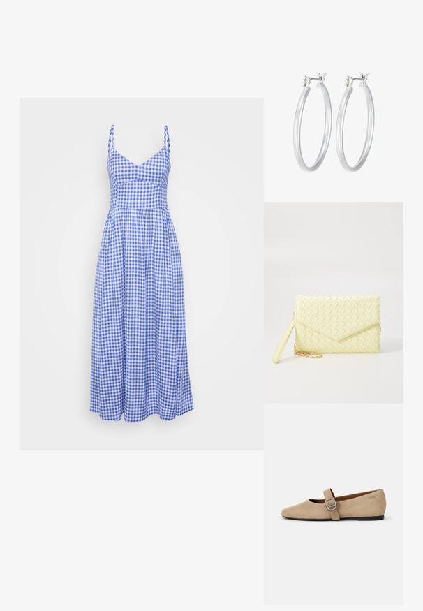 Modrá a biela kockovaná letná šaty s priliehavým telom, tenkými ramienkami a voľnou sukňou do kolien. Bavlnený materiál.; Béžové semišové Mary Jane balerínky s špicatou špičkou a jedným nastaviteľným pásikom so striebornou prackou. Čierna plochá podrážka.; Žltý tkaný clutch peňaženka s preklápacím dizajnom, odnímateľným zápästným remienkom a zlatým reťazovým doplnkom. Hladký povrch a obdĺžnikový tvar.; Strieborné kruhové náušnice s hladkým, lesklým povrchom. Kolový tvar a bezpečné klikanie na uzatváranie. Ľahký dizajn vhodný na každodenné nosenie.