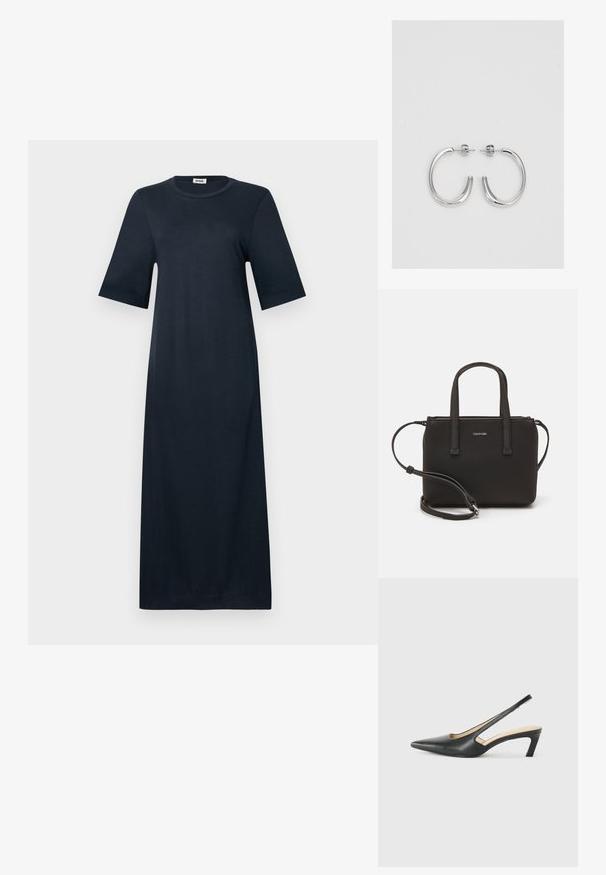 Tummansininen, polvipituinen mekko pehmeästä kankaasta. Siinä on lyhyet, leveät hihat ja pyöreä pääntie. Yksinkertainen, koristelematon muotoilu.; Musta, kärjeltään terävä slingback-kengä, jossa on matala korko. Kengässä on sileä nahkamateriaali ja sivuilla leikkaukset hengittävyyttä varten.; Musta käsilaukku, jossa on kaksinkertaiset lyhyet kahvat ja irrotettava olkahihna. Silkkinen nahkatunneinen materiaali, jossa on vetoketjukiinnitys ja logoyksityiskohta.; Hopehopeet hopehopeet hopehopeet hopehopeet, jolla on sileä, kiiltävä pinta. Pyöreä muoto, kevyt rakenne, jossa on neulakiinnitys.