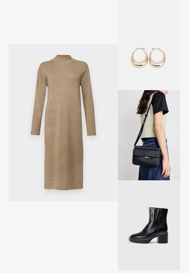 Dolga rokavica, pletena obleka visoke vratu v svetlo rjavi barvi. Ima ravno krojenje z stranskimi razpoki, mehko teksturo in enakomerno šivanje po vsej površini.; Črne lakirane gležnjarje z ukrivljenim nosom, elastičnimi stranskimi paneli in debelim blokastim peto. Imajo vtisnjen logotip na zadnjem delu.; Calvin Klein LINEAR CAMERA BAG - Torba čez telo - black; Zlato obarvani uhani v obliki obroča s polmesecem, polirna površina in zaklepanje s tečajem. Gladka tekstura in odsevna površina povečujeta vidnost.