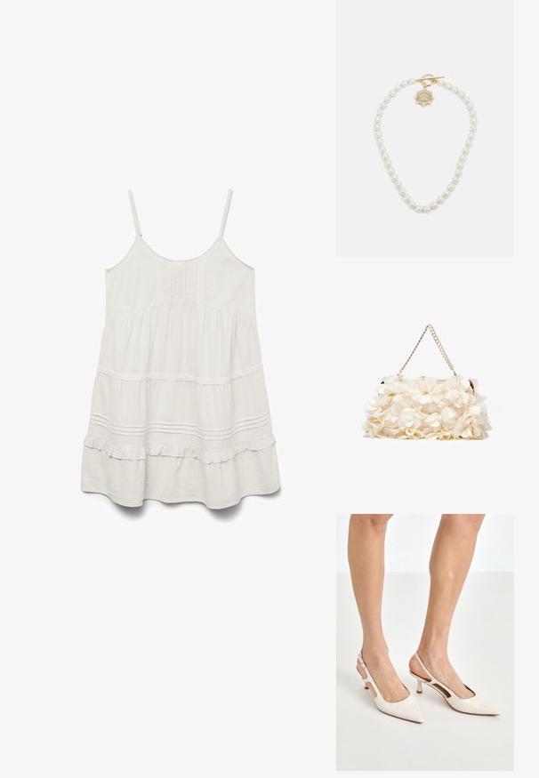 Hvit ermeløs kjole med justerbare stropper, strukturert stoff, volangkant og lagdelt design med blonder langs sømmene.; Beige patent lærstøvletter med spidse tå og 5 cm hæl, med udskårne sider og en tynd ankelrem.; Hvit blomsterhåndveske med en samlet stoffoverflate, gullfarget kjedehank og metallklips. Har teksturerte kronblader for ekstra detalj.; Lauren Ralph Lauren COLLAR - Smykke - gold-coloured/white