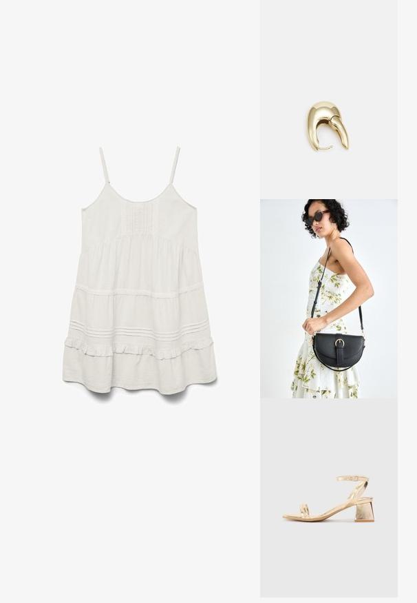 Valkoinen hihaton mekko, jossa on säädettävät olkahihat, tekstiili on teksturoitua, röyhelöreunat ja kerrostettu muotoilu, jossa on pitsikoristeita saumoissa.; Kulta metallinen korollinen sandaali kulmikkaalla lohkarekorolla, kaksi nauhaa jalan päällä ja säädettävä nilkkaremmi. Silkkinen pinta.; Musta nahkainen käsilaukku, joka on kaareva muotoilultaan, irrotettavalla hihnalla ja kultaisilla yksityiskohdilla. Laukussa on läppä, jossa on solk yksityiskohta.; Kultahipuinen korvakoru, jossa on sulavalinjainen, kaareva muotoilu. Ominaisuuksiin kuuluu erottuva terävä muoto, kiillotettu pinta ja sarana kiinnitys.