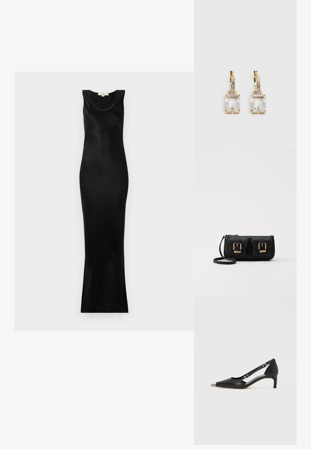 Černé maxi šaty bez rukávů vyrobené z hladké látky; mají kulatý výstřih a přiléhavý střih, který se směrem k lemování stahuje.; Černá kožená botička s nízkým podpatkem, špičatou stříbrnou špičkou a dvěma pásky s přezkami na bílém pozadí.; Černá kožená crossbody taška se dvěma předními kapsami, zlatými přezkami, zipovým uzávěrem a štíhlým popruhem. Texturovaný povrch a kompaktní obdélníkový tvar.; Náušnice ve zlatém odstínu s obdélníkovým, průhledným krystalem zavěšeným pod řadou malých, kulatých průhledných akcentů. Elegantní, moderní design.