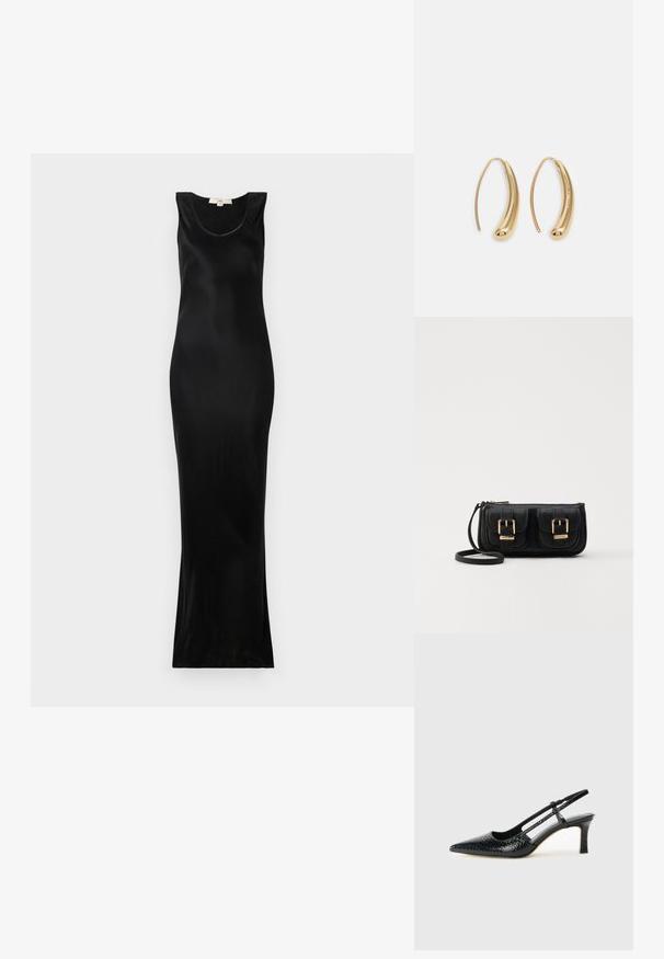 Vestido maxi preto sem mangas feito de um tecido suave; apresenta um decote arredondado e uma silhueta ajustada que afunila em direção à bainha.; Salto slingback em patente preta com bico apontado, apresentando um padrão de pele de cobra texturizado, tira ajustável e um salto bloco curto e texturizado.; Bolsa de ombro em couro preto com dois bolsos frontais, fivelas douradas, fecho de zíper e uma alça fina. Superfície texturizada e forma retangular compacta.; Brincos em metal dourado com forma de arco alongado e curvado. Apresentam uma superfície lisa e brilhante, com uma ponta arredondada para um detalhe adicional.