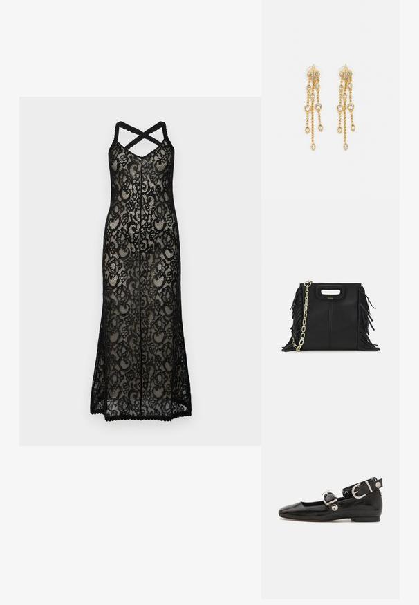 Melnas mežģīnes maksi kleita ar krustveida siksnām, kurai ir ziedu raksts un viļņota apakša. Caurskatāmais materiāls uzsver kārtainu efektu.; Melnas laika patenta ādas dzīvokļu kurpes ar kvadrātu purngalu, potītes siksna ar sudraba furnitūru un platu zoli. Gluda tekstūra ar minimālu dizainu.; Melna ādas rokassoma ar frizūras detaļām, zelta ķēdes plecu siksnu un izgrieztu rokturi. Ir logotipa novietojums priekšpusē.; Zelta tonī auskari ar vairākiem kaskādes ķēdēm, kas rotāti ar caurspīdīgiem ovāliem rhinestone akcentiem un dekoratīvām pīrsingiem.