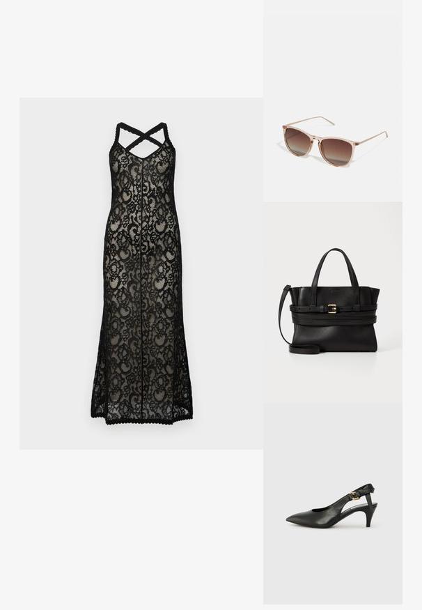 Mustmustühi maksikleidi ristikeskkummustega, millel on lillemuster ja laineline äär. Läbipaistev materjal rõhutab kihilisust.; Must musträkkidega must nahast slingback-kontsaking, millel on terav nina, väike konts ja pandla detail pahkluu rihmal. Sile tekstuur, minimalistlik disain.; Prunade gradientiga prillid koos poolka sellest roosast raamistikust, ruudukujulised ning õhukeste metallist kätega. Omab ümarate servadega ja minimaalset detailide taset.; Mustmust leatherist kott, millel on struktureeritud disain, kahekordne ülemine käepide, eemaldatav rihm ja kuldne pandlaaksent horisontaalsel ribal.