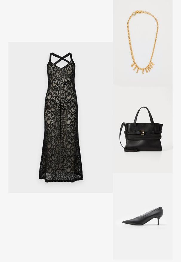 Mustmustühi maksikleidi ristikeskkummustega, millel on lillemuster ja laineline äär. Läbipaistev materjal rõhutab kihilisust.; Must be itke erade musta säärelise sabaga jalats, mis on valmistatud sileda nahaga. Omab kitsast kontsa ja minimalistlikku disaini, ilma nähtavate kaunistusteta.; Mustmust leatherist kott, millel on struktureeritud disain, kahekordne ülemine käepide, eemaldatav rihm ja kuldne pandlaaksent horisontaalsel ribal.; Kuldne kettkaelus, millel on ripatsitähed, mis koosnevad sõnast "MOSCATO". Ühtlane pind, millel on konksuga sulgur ja erineva suurusega lingid.