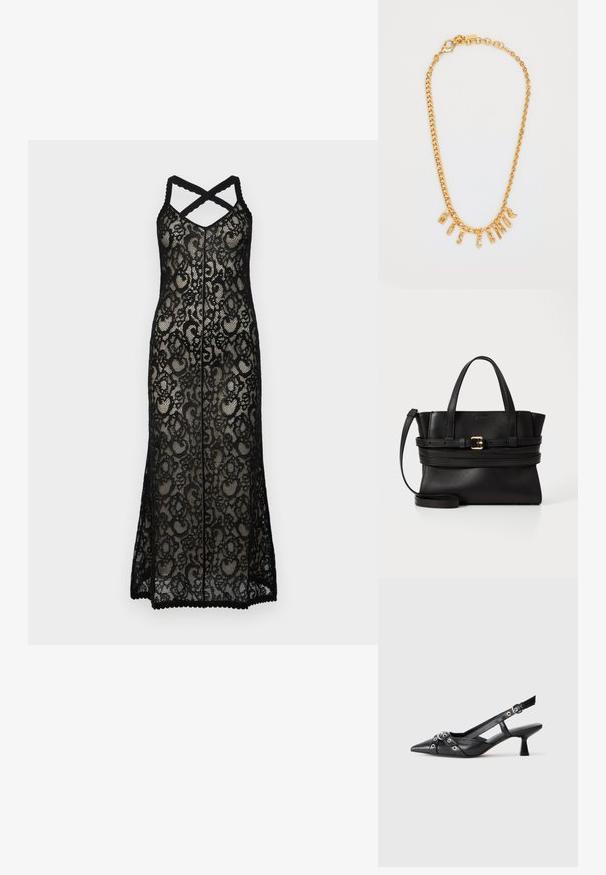 Čierna čipkovaná maxi šaty s prekríženými popruhmi, zdobené kvetinovým vzorom a vlnitým lemom. Priesvitný materiál posilňuje vrstvený efekt.; Čierne kožené slingback topánky s špicatou špičkou, ozdobnými popruhmi s kovovými očkami a nízkym blokovým podpätkom. Textúrovaný povrch.; Čierna kožená kabelka so štruktúrovaným dizajnom, dvojitými hornými uchami, odnímateľným popruhom a zlatým prackovým akcentom na horizontálnej páske.; Zlatý náhrdelník s príveskom v tvare písmen, ktoré tvoria slovo "MOSCATO." Hladký povrch s karabínkovým zapínaním a článkami rôznych veľkostí.