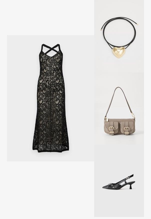 Svart spets maxiklänning med korskorsade band, med ett blommönster och en scallopkant. Det genomskinliga materialet förstärker den lager-effekten.; Svart lädersko med slingback-design, spetsig tå, dekorativa remmar med metallöglor och en låg klack. Texturerad yta.; Beige texturerad handväska med justerbar rem, två framfickor säkrade med spännen och guldiga detaljer. Dragkedjestängning upptill.; Svart flätad snöre halsband med ett polerat guldhjärta hänge med mjuka kurvor och en glänsande yta.