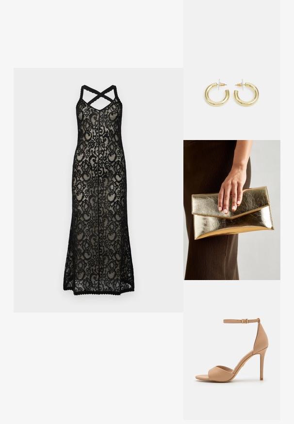 Juodas nėriniuotas maksi suknelė su kryžminiais petnešomis, puošta gėlių raštu ir banguotu apvadu. Permatoma medžiaga sustiprina sluoksniuotą efektą.; ALDO CRERIDE PILLOW WALK - Sandalai - beige; Auksinės metalinės rankinės su lygiu paviršiumi, kuri turi trikampio formos užsegimą. Ranką laikančioji turi tvarkingai prižiūrėtus nagus.; Aukso auskarai su lygiu, blizgiu paviršiumi. Apvalus dizainas su maža užrakto dalimi ir skaidria atrama saugiam nešiojimui.