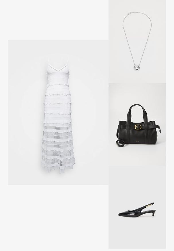 Weißes ärmelloses Kleid mit V-Ausschnitt, das ein geschichtetes Design aus Rüsche und offenen Strickabschnitten zeigt. Die Länge reicht bis zur Mitte der Wade.; Schwarze Leder-Slingback-Pumps mit spitzem Schuhblatt, ausgestattet mit einem schlanken Absatz und einem goldfarbigen Akzent am verstellbaren Riemen. Glatte Textur.; Schwarze Lederhandtasche mit strukturiertem Design, doppelten oberen Griffen, goldfarbenem Schnallenakzent und geprägtem Markenlogo auf der Vorderseite.; Silberne Anhänger-Halskette mit einem glatten, abgerundeten Design und zwei ausgeschnittenen Akzenten. Verfügt über eine dünne Kette und einen sicheren Verschluss.
