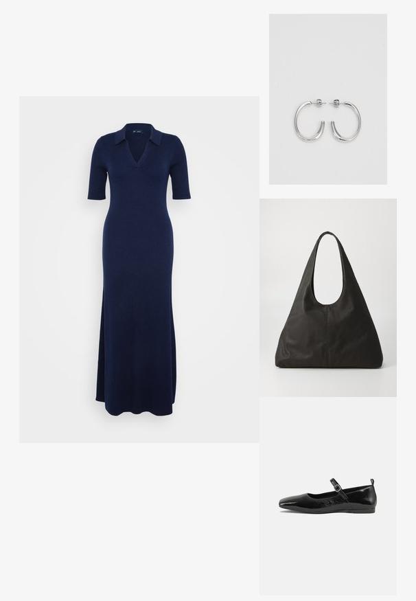 Pletena maksi obleka v temno mornarsko modri barvi z V-izrezom in kratkimi rokavi. Ima rebrasto teksturo in stranski razporek za enostavno gibanje.; Črne lakirane balerinke s koničastim nosom, trakkom okoli gležnja s sponko in gladko, sijočo teksturo. Nizek peti za udobje.; Črna usnjena torba z zavitim ročajem, podolgovate triangularne oblike in gladko teksturo. Zasnova je minimalistična, brez vidne opreme.; Srebrne obročaste uhane z gladko, sijočo površino. Zaobljena oblika, lahka zasnova, z zapiranjem na zatič.