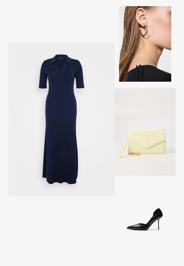 Tamsiai mėlynos spalvos megzta maksi suknelė su V formos iškirpte ir trumpomis rankovėmis. Dėl griovelio tekstūros ir šoninės įpjovos suteikia judesio laisvę.; Juodas odinis stiletto kulnas su smailiu priekiu ir išpjovomis šonuose. Lygi tekstūra ir aukštas, lieknas kulnas sukuria elegantišką siluetą.; Geltona audinė piniginė su užsegimu, nuimamą rankinę juostą ir auksinį akcentą. Lygi tekstūra ir stačiakampis forma.; Sidabrinė lankinė auskarai su poliruotu paviršiumi, turintys mažus auksinius akcentus ir apvalią formą, dėvimi ant ausies kaušelio.