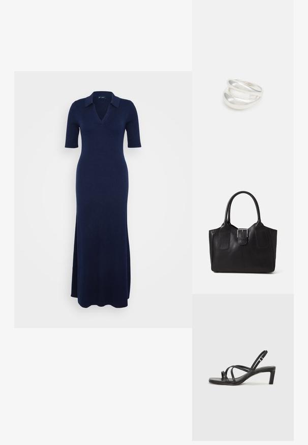 Długa sukienka dzianinowa w ciemnym granacie z dekoltem w serek i krótkimi rękawami. Posiada prążkowaną teksturę i boczne rozcięcie dla swobody ruchów.; Czarne sandały na obcasie z prostokątnym noskiem i niskim słupkowym obcasem. Posiadają wiele cienkich pasków i regulowany pasek na kostkę. Wykonane z gładkiej skóry.; Czarna skórzana torba tote o gładkiej fakturze, usztywnionym kształcie, dwóch uchwytach oraz wyraźnym srebrnym zapięciu na przodzie.; Srebrna obrączka podwójna z gładką, polerowaną powierzchnią. Posiada płynny, zakrzywiony kształt z nakładającymi się sekcjami, co nadaje nowoczesny wygląd.