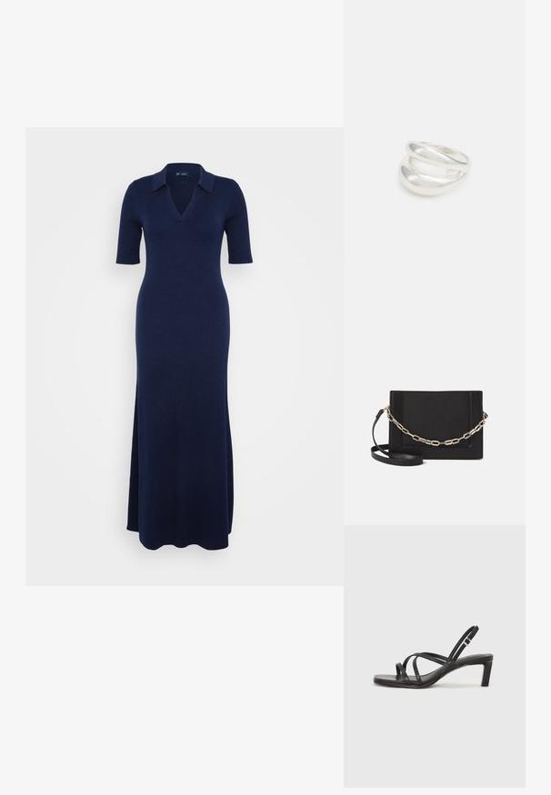 Pletené maxi šaty v tmavomodrej farbe s výstrihom do V a krátkymi rukávmi. Majú rebrovanú textúru a bočný rozparok pre ľahký pohyb.; Čierne sandále na vysokom podpätku so štvorcovou špičkou a nízkym blokovým podpätkom. Obsahujú viacero tenkých popruhov a nastaviteľný členkový popruh. Vyrobené z hladkej kože.; Čierna kožená crossbody taška s hladkou textúrou, obdĺžnikovým tvarom a kovovým reťazovým detailom na prednej strane. Súčasťou je nastaviteľný popruh.; Strieborný prsteň s dvojitým pásikom s hladkým, lesklým povrchom. Má plynulý, zakrivený dizajn s prekryvajúcimi sa časťami pre moderný vzhľad.