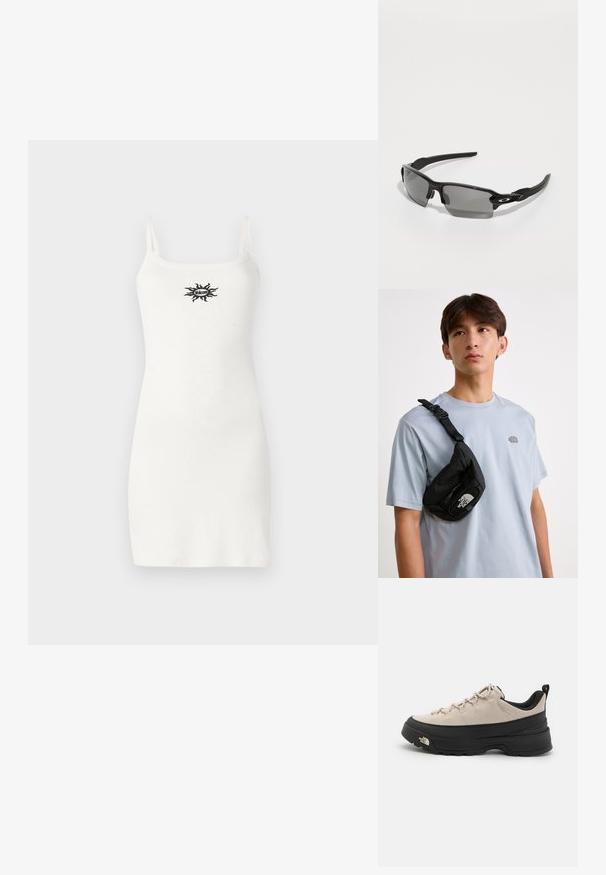 Bela obleka brez rokavov z tankimi naramnicami, prilegajočega kroja in majhnim črnim grafičnim logotipom na prsih, izdelana iz gladke mešanice bombaža.; Bež usnjeni planinski čevlj z črnim gumijastim podplatom, teksturiranimi detajli in odbojnimi vezalkami. Ima zanka za lažje obuvanje.; Črne športne sončne očala z sivimi lečami, zasnovo ukrivljenega okvirja in podrobnostmi logotipa na strani. Narejena iz lahkega plastičnega materiala.; Črn najlonov crossbody nahrbtnik z nastavljivim paščkom, ki ima vidno belo logotip. Nosi se čez svetlo modro majico. Preprost, funkcionalen dizajn.
