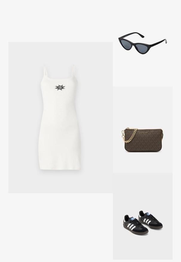 White tank dress with thin straps, fitted design, and a small black graphic logo on the chest, made from a smooth cotton blend fabric.; Black sneakers with a suede and synthetic upper, featuring three white stripes, textured rubber sole, and blue logo tag on the tongue.; Black cat-eye sunglasses with dark gray lenses, sleek plastic frame, pointed corners, and straight temples. No visible hardware or accents.; Brown leather crossbody bag with logo pattern, gold chain strap, zipper closure, and gold hardware accents. Compact and rectangular shape.