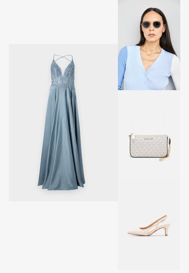 Ilga, laisva vakarinė suknelė šviesiai mėlynos spalvos satino. Turi gilią V formos iškirptę su sudėtingais siuvinėjimais ir plonais kryžminiais diržais nugaroje.; Balti slingback kulniukai su smailiu pirštu, lygia viršutine medžiaga, žemu blokuotu kulnu ir šoniniu išpjovimu su reguliuojamu sagtimi.; Apskriti saulės akiniai su tamsiais objektyvais ir auksiniais rėmeliais. Modelis vilki šviesiai mėlyną, raukinį kardiganą su mygtukais ir kontrastingomis baltomis rankovėmis.; Michael Kors rankinė smėlio spalvos dengto kanvoje su pakartotiniu MK logotipo raštu, auksinėmis detalėmis ir nuimamu grandininiu dirželiu.