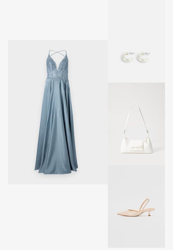 Langes, fließendes Abendkleid aus hellblauem Satin. Verfügt über einen tiefen V-Ausschnitt mit kunstvoller Stickerei und dünnen, überkreuzten Trägern auf der Rückseite.; Beige Lackleder Slingback-Pumps mit spitzem Vorderteil und einem schlanken, quadratischen Absatz. Glatte Textur und minimalistisches Design ohne Verzierungen.; Weiße synthetische Handtasche in dreieckiger Form, flache Vorderklappe und Schleifendetail, verstellbarer Trageriemen, glatte Textur und minimalistisches Design.; Ohrringe in silberfarbener Ausführung mit einem gedrehten Ohrringdesign, das eine strukturierte Oberfläche und gerippte Details aufweist, gesichert mit einem Steckverschluss.