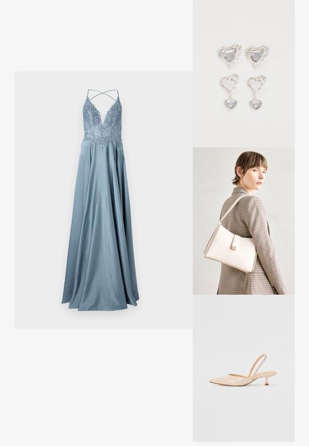 Dlhá, splývavá večerná gown v svetlom modrom saténu. Má hlboký V-výstrih s prepracovanou výšivkou a tenkými krížovými ramienkami na chrbte.; Bežové lakované sandále na podpätku so špicatou špičkou a štíhlym, štvorcovým podpätkom. Hladká textúra a minimalistický dizajn bez ozdôb.; Biely kožený kabelka so štruktúrovaným dizajnom, s magnetickým uzáverom a ramenným popruhom, vystavená na neutrálnom pozadí.; Strieborné náušnice v tvare srdca sú zdobené facetovanými čírymi kameňmi s textúrovaným rámom. Sada obsahuje štýly so zapichovaním a visiacich náušníc.