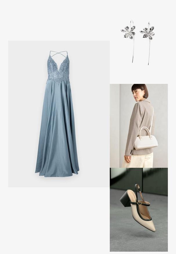 Langes, fließendes Abendkleid aus hellblauem Satin. Verfügt über einen tiefen V-Ausschnitt mit kunstvoller Stickerei und dünnen, überkreuzten Trägern auf der Rückseite.; Beige Slingback-Schuh mit spitzer Zehenpartie, schwarzer Umrandung, goldener Schnalle und dicker Blockabsatz auf grauem Boden vor dunklem grünen Hintergrund.; Weiße strukturierte Handtasche mit kurzen Griffen und einem Schultergurt, ausgestattet mit goldfarbenen Hardware-Elementen und strukturiertem Material, vor einem grauen Hintergrund präsentiert.; Silberne blumenförmige Ohrringe mit strukturiertem Finish, die lange Haken und blütenblattartige Details für ein filigranes Design aufweisen.
