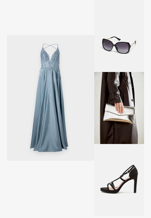 Pikk, voolav õhtu kleit helesinisest satiinist. Omab sügavat V-kaelust keerukate tikanditega ja õhukesi risti põiki rihmasid seljaosas.; Mustad sametist kõrge kontsaga sandaal, millel on ristuvad rihmad, dekoratiivne hõbedatooniline aksessuaar ja platvormpõhi lisakõrguse jaoks.; Mustad ümarad päikeseglaasid, millel on gradient objektiivid, paksud raamid ja kuldse tooni kettaga kaunistused tempelitel.; Hõbedane metallist kott, millel on nurkne ümbriku disain, sile tekstuur ja kontrastne sisekuju, hoituna musta jope käes.