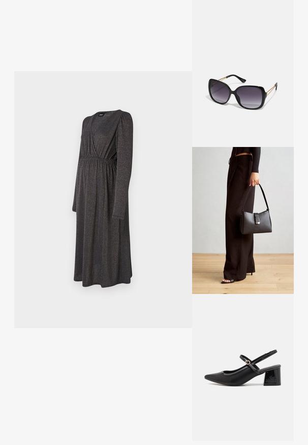 Garā piedurkņu, līdz ceļiem sasniegts kleita tumšā materiālā ar smalku spožumu, aploksnes stila augšdaļa un savilktu vidukļa apdare.; Melns patentēts ādas sandales ar norādīta pirksta formu, noapaļotu izgriezuma dizainu un bloķētu papēdi. Iezīmēta ar zelta toņa sprādzi.; Melni pārmērīgi lieli saulesbrilles ar gradāciju lēcām, biezām rāmja malām un zeltainas krāsas ķēžu detaļām uz tempļiem.; Melnā somiņa ar strukturētu formu, gludu tekstūru un metālu sprādzi. Saskaņota ar platām melnām biksēm un sandālēm ar atvērtu purngalu uz koka grīdas.