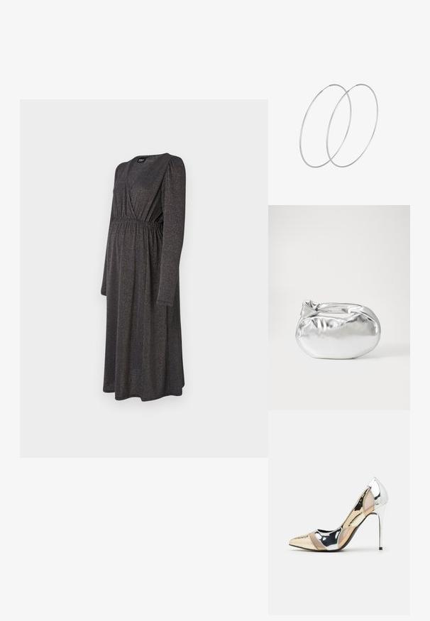 Dlouhý rukáv, šaty do kolen z tmavého materiálu s jemným leskem, s bohatě tvarovaným korzetem a nařaseným detailem v pase.; Lodička s špičatou špičkou a kombinací stříbrné, zlaté a tělové barvy. Lesklý povrch s vykrojeným designem, s jehlovým podpatkem.; Stříbrná kovová taška s měkkým, zaobleným tvarem a uzávěrem s uzlem. Vyrobena z hladké umělé kůže.; Stříbrné kruhové náušnice s minimalistickým designem. Kruh, hladký povrch a tenký profil. Lehká konstrukce s lesklým povrchem.