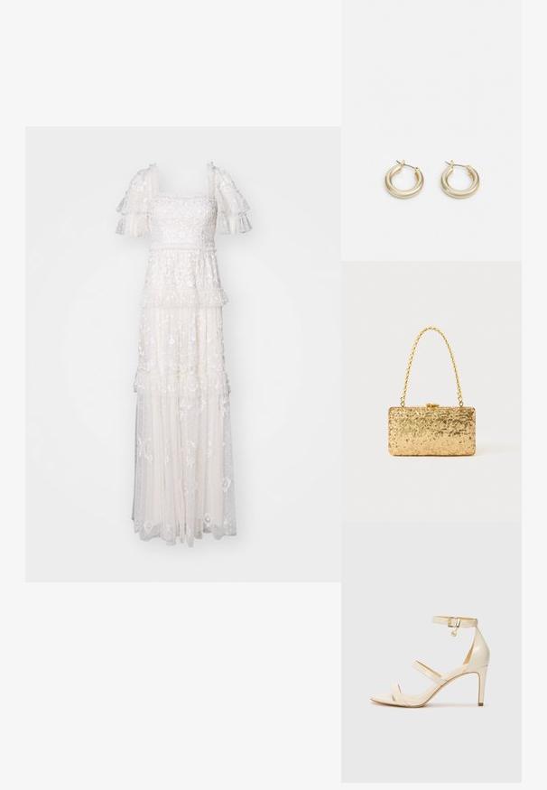Needle & Thread ARWEN GOWN - Alkalmi viselet - cream; Beige magassarkú szandál vékony bokapánttal és két felső pánttal. Fényes lakk felület és arany hardware részlet a bokapánton.; Arany flitteres clutch táska, téglalap alakú, csavart lánckarabinerekkel és fém záródással, mely fényt tükröz a textúrált felületének köszönhetően.; Lauren Ralph Lauren BASIC SMALL HOOP - Fülbevalók - gold-coloured