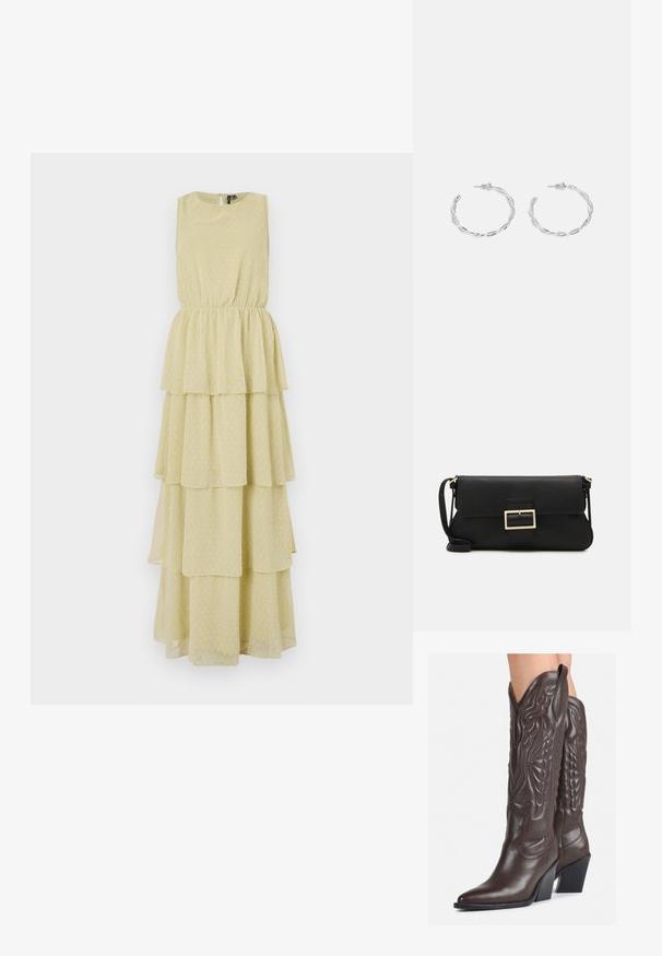 Bezrukávové šaty s volánmi v svetložltej farbe s bodkovaným vzorom. Elastický pás zabezpečuje priliehavý strih. Mäkka, prúdiaca tkanina.; Hnedé kožené kovbojské topánky s špicatou špičkou a blokovým podrážkou, so zložitým prešívaním a vyvýšenými akcentmi na puzdre.; Čierna kožená clutch taška s klopou a zlatým kovovým detailom s prackou. Obsahuje čierny remienok a elegantný, minimalistický dizajn.; Strieborné kruhové náušnice s prúteným dizajnom, s lešteným povrchom a zapínaním na kolíček. Majú priemer približne 3 cm.