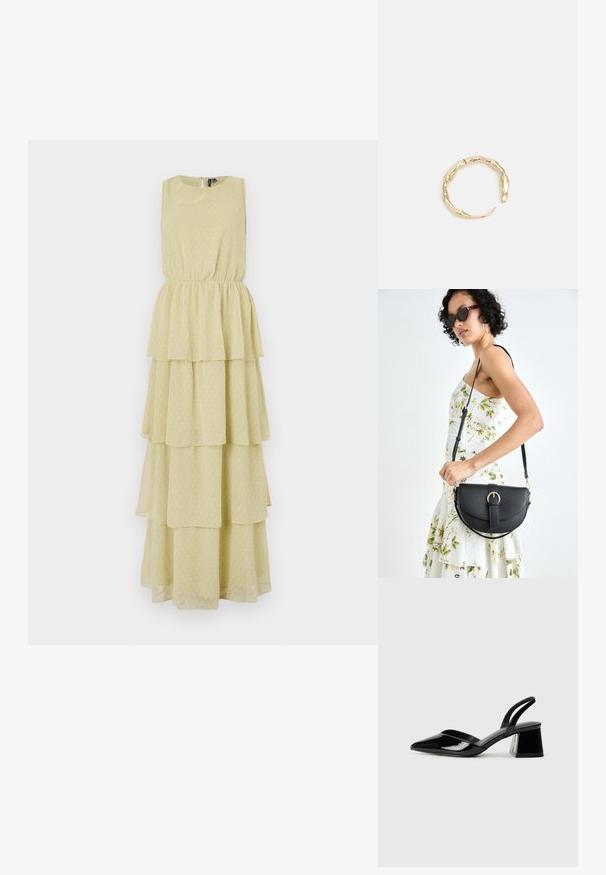 Suknja bez rukava, slojevita, u svijetlo žutoj boji s uzorkom točkica. Elastična traka oko struka osigurava prilagođeni siluetu. Mekana, lepršava tkanina.; Crne lakirane kožne sandale s otvorenom petom i špicastim vrhom, s geometrijskom blok petom. Imaju elegantan, minimalistički dizajn i glatku teksturu.; Crna kožna torba s lukovitim oblikom, odvojivim remenom i zlatnim detaljima. Torba ima preklop s kopčom.; Prsten u zlatnoj nijansi s organskim, uvijenim dizajnom, glatkom teksturom i suženim krajevima, koji stvara moderan, skulpturalni izgled.