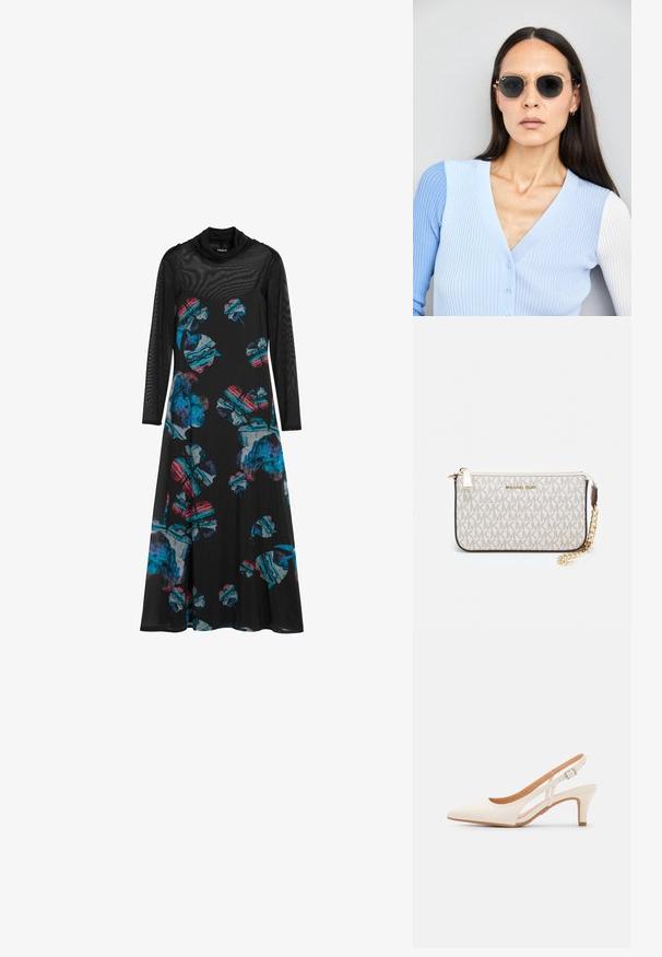 Zwarte jurk van lichtgewicht stof met lange netmouwen, voorzien van een kleurrijk bloemenpatroon in blauw, rood en groen.; Witte slingback hak met een spitse neus, glad bovenmateriaal, lage blokhak en een design met uitsparingen aan de zijkant, voorzien van een verstelbare gespsluiting.; Ronde zonnebrillen met donkere glazen en gouden montuur. Het model draagt een lichtblauwe, geribbelde cardigan met knopen en contrasterende witte mouwen.; Michael Kors polsbandje in beige gecoate canvas met een herhaald MK-logo patroon, gouden hardware en een afneembare kettingriem.